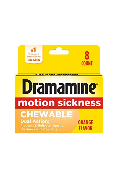 Dramamine أقراص قابلة للمضغ، لتخفيف دوار الحركة، بنكهة البرتقال، 8 أقراص