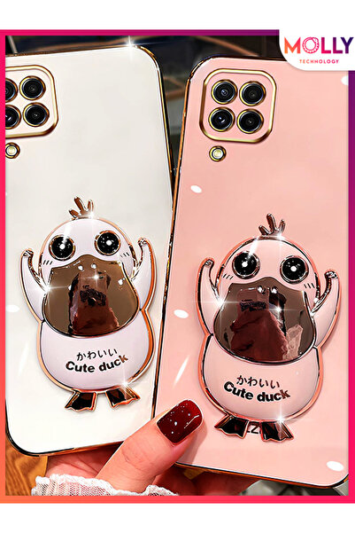 Molly Samsung Galaxy A22 İçin Rose Sevimli Ördek Standlı Kenarları Gold Detaylı Lüks Silikon Kılıf