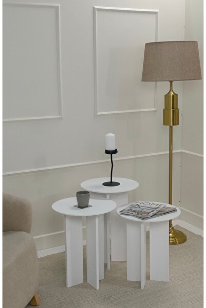kuppdesign Leo Mantar Sehpa Beyaz Üçlü Set (45-50-55 CM)