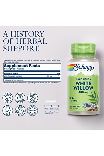 Solaray White Willow 400mg Bark Capsules - Herbal Support, Vegan, Non-GMO, 100 VegCaps