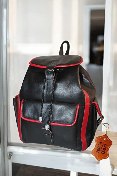 MEBES Genuine Leather Women's and Men's Backpack 3 Pocket Model Black, Red Color