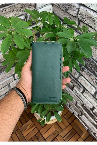 GUARD Green Safiano Zipper Portfolio Wallet Genuine Leather P3016