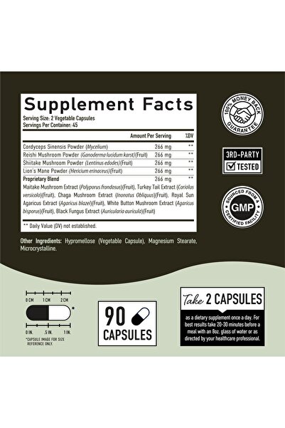 SMNutrition 10 Mushroom Complex | 1300mg with Lions Mane, Turkey Tail, Cordyceps, Reishi | Immune Support, 90 Ct