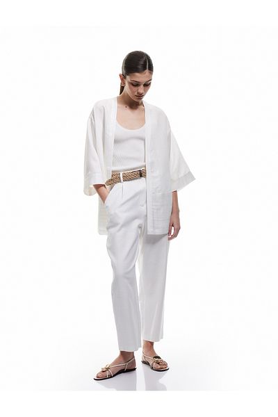 Koton Loose Fit Striped Linen Blended Kimono with Pockets