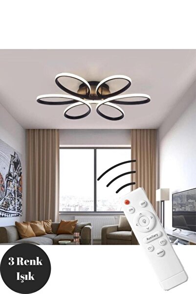 Elektroyou Nipul Siyah Plafonyer Modern Kumandalı 3 Renk Işık Ledli Avize