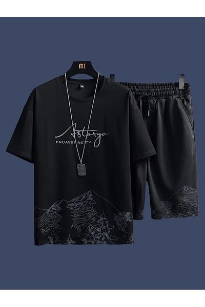 NoVibe Unisex Mountain Printed Oversize Premium 100% Cotton T-Shirt Shorts Set