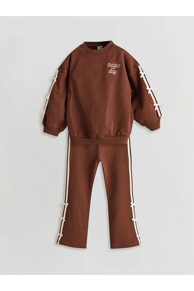 LC Waikiki Lcw Kids Brown Crew Neck Girls Printed Sweatshirt and Leggings 2-Piece