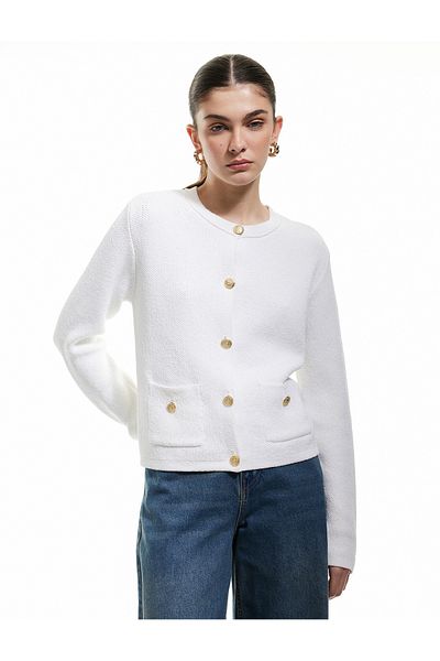 Koton Long Sleeve Buttoned Crew Neck Knitwear Cardigan with Pockets