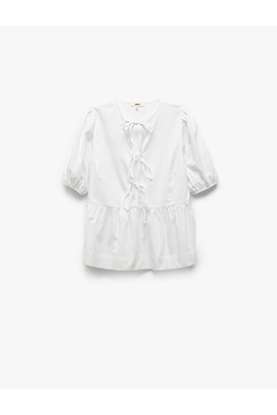 Koton Βαμβακερή μπλούζα με φιόγκο με κοντό μανίκι μπαλόνι oversize μπλούζα ποπλίνα