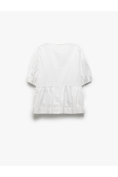Koton Βαμβακερή μπλούζα με φιόγκο με κοντό μανίκι μπαλόνι oversize μπλούζα ποπλίνα