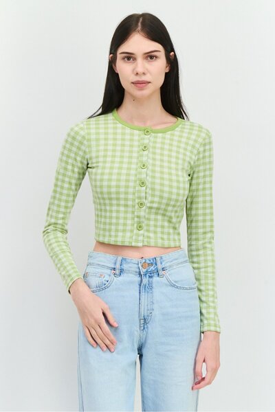 Brave Soul Women Round Neck Long Sleeves Gingham Pattern Blouse, Lime