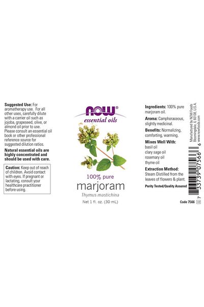 Now Foods Marjoram Essential Oil, 100% Pure, Cold Pressed, Vegan, 1-Ounce, Child Resistant Cap