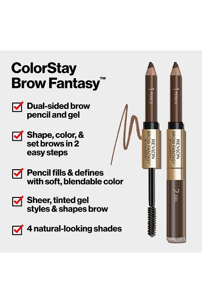 Revlon Eyebrow Gel & Pencil, ColorStay Brow Fantasy 2-in-1, Longwearing, 106 Dark Brown, 0.04 Oz