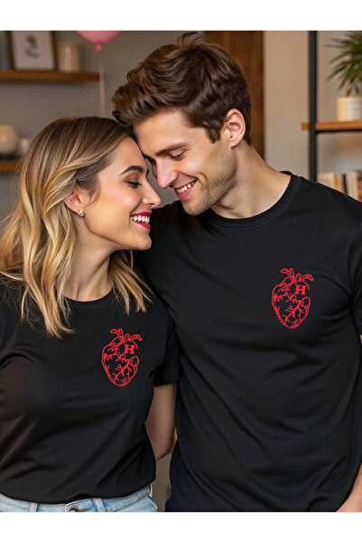 l'eivor Kişiye Özel Baş Harf & Kalp Detaylı Tasarım Sevgili Çift Kombini Unis...