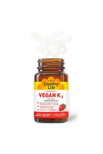 COUNTRY LIFE Vegan Vitamin K2, 500 mcg, MK-4 & MK-7 Complex, Bone & Teeth Health, 60 Chewable Strawberry Tablets