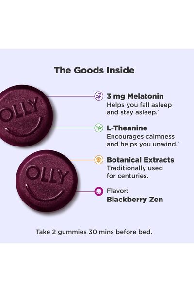 OLLY Sleep Gummy, 3 mg Melatonin, L-Theanine, Chamomile, Lemon Balm, Sleep Aid, Blackberry - 70 Count