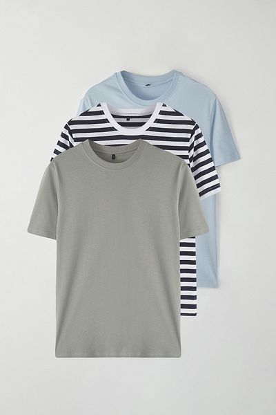 Trendyol Collection Γκρι-μπλε-ναυτικό ριγέ 3 συσκευασιών Μαύρο λεπτή/στενή εφαρμογή Basic 100% βαμβακερό T-shirt TMNSS19BO0007