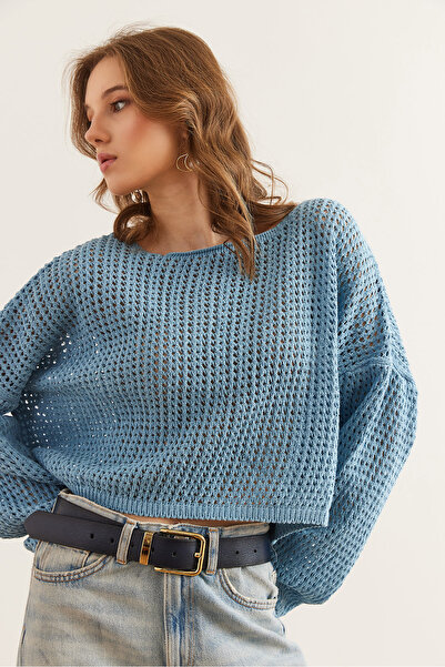 Olalook Bluză de tricotaj de sezon ajurata cu gât barcă albastră pentru femei BLZ- 19002844