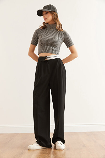 Olalook Kadın Siyah Bel Detaylı Cepli Pileli Poliviskon Bol Paça Pantolon PNT-19000303