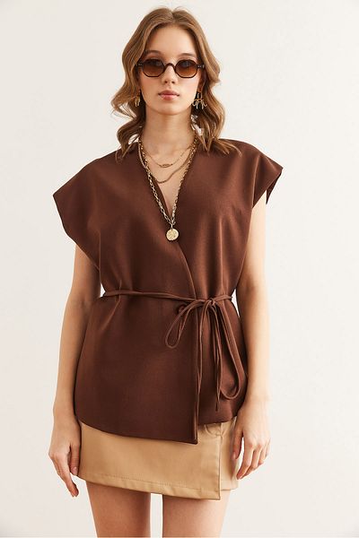 Olalook Women's Bitter Coffee Belted Single Button Lined Vest YLK- 19000054