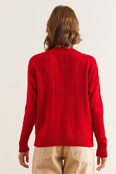 Olalook Women's Red V-Neck Openwork Crop Knitwear Sweater Kzk- 19000816