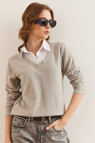 Olalook Women's Gray Shirt Collar Detailed Thessaloniki Blouse Blz- 19002777