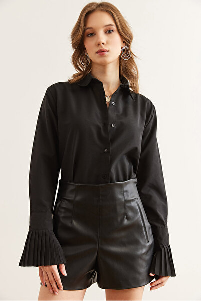 Olalook Kadın Siyah Manşeti Pilise Detaylı Gömlek GML-19001275