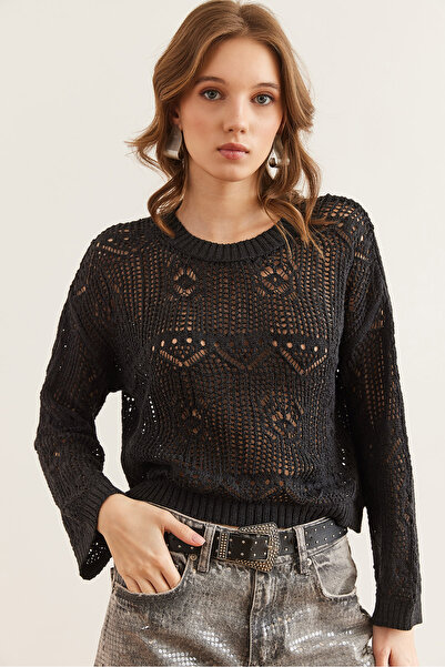 Olalook Women's Anthracite Oval Patterned Openwork Seasonal Knitwear Blouse Blz- 19002847