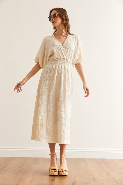 Olalook Dámské jednobarevné Ecru Waist Guipeli dvouřadé klopové midi šaty ELB- 19002100