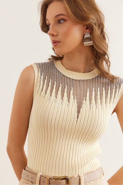 Olalook Ecru-Silber-Roba-Strickbluse für Damen, durchsichtig, BLZ- 19002645