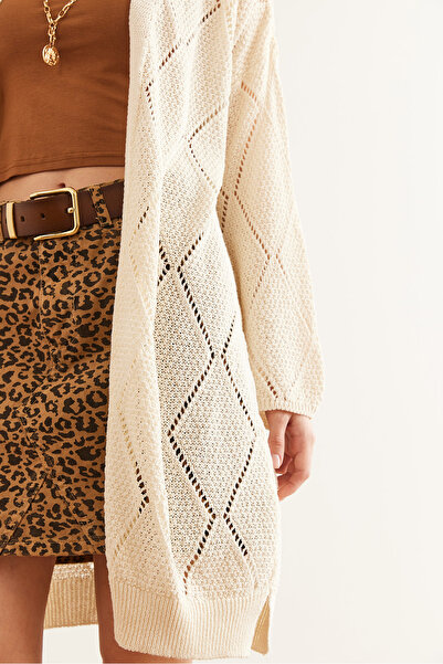 Olalook Women's White Openwork Long Knitwear Cardigan Hrk- 19000342