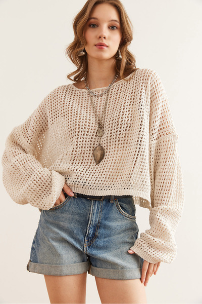 Olalook Women's Ecru Boat Neck Openwork Seasonal Knitwear Blouse Blz- 19002844