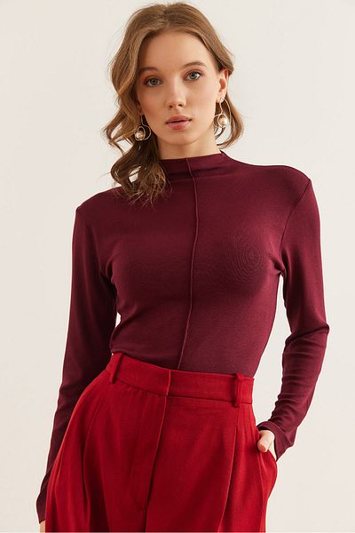 Olalook Bluză de damă din lycra cu textura moale, cu cusături în față, cu guler în picioare BLZ- 19002852