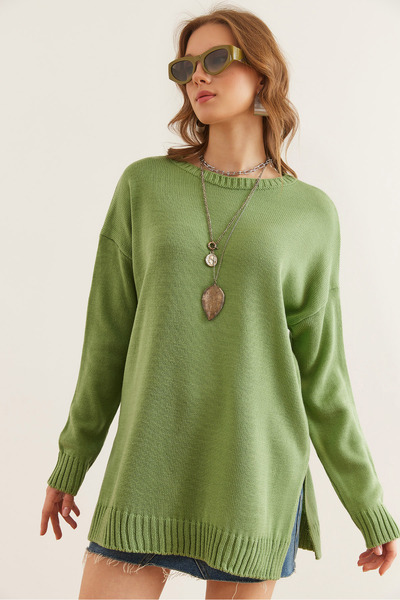 Olalook Green Crew Neck Slit Detailed Knitwear Sweater - Kzk- 19000968