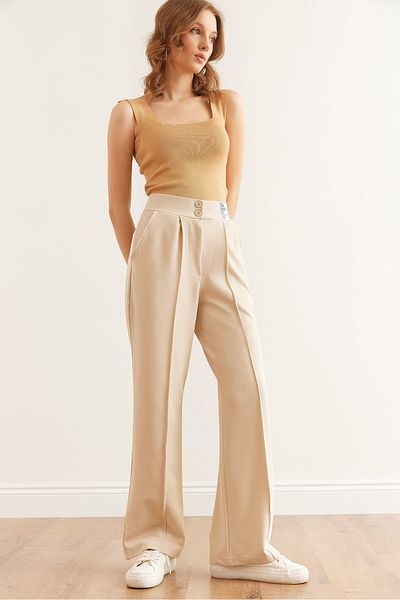 Olalook Women's Stone Buttoned Pocket Crest Detailed Drape Pants Pnt- 19000317