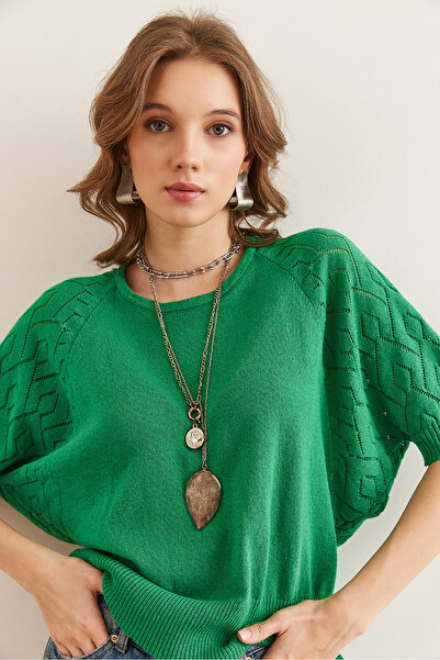 Olalook Γυναικεία Πλεκτή Μπλούζα με Πράσινο Μανίκι BLZ- 19002648