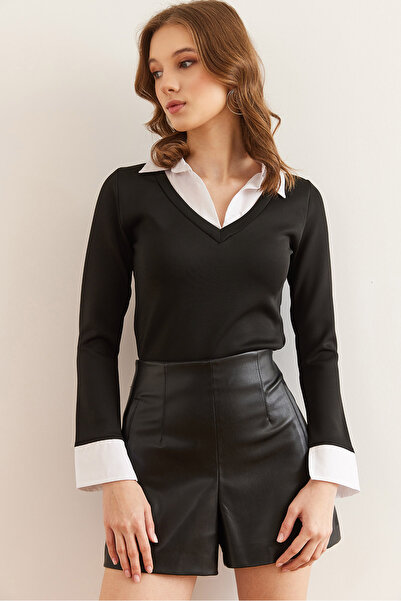 Olalook Women's Black Shirt Cuff Detailed Crop Diver Blouse Blz- 19002841