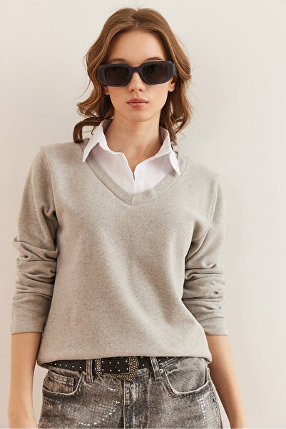 Olalook Women's Gray Shirt Collar Detailed Thessaloniki Blouse Blz- 19002777