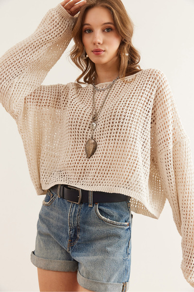 Olalook Women's Ecru Boat Neck Openwork Seasonal Knitwear Blouse Blz- 19002844