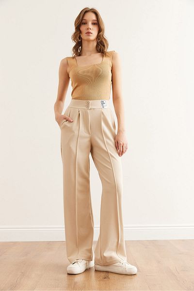 Olalook Women's Stone Buttoned Pocket Crest Detailed Drape Pants Pnt- 19000317
