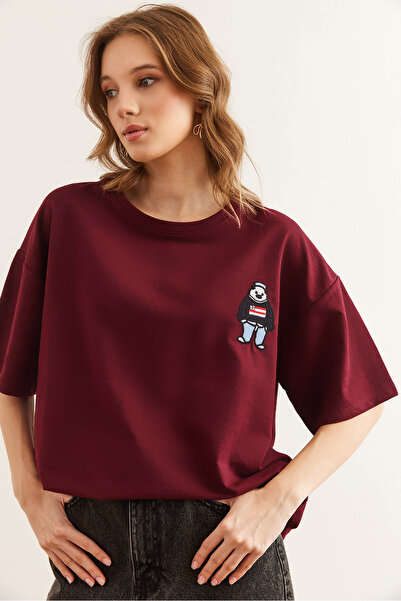 Olalook Γυναικείο κέντημα μπορντό με λεπτομέρεια άνετο μπλουζάκι TSH- 19000840