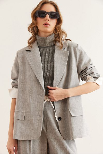 Olalook Women's Light Gray Cuff Detailed Fleto Pocket Lined Striped Blazer Jacket Ckt- 19000428