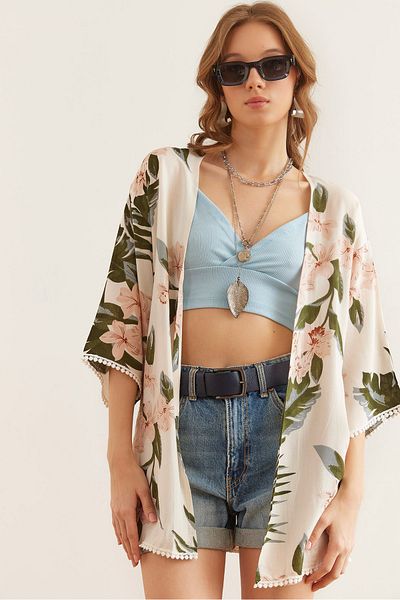 Olalook Dámské ecru velké pudrové květinové guipure detailní viskózové kimono CKT-19000053