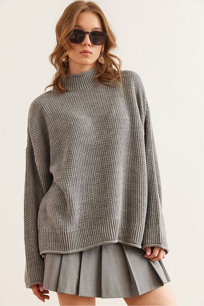 Olalook Women's Gray Collar Cuffed Honeycomb Knitwear Sweater Kzk- 19000825