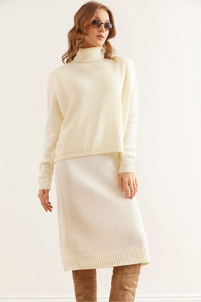 Olalook Turtleneck Knitwear Sweater and Ecru Dress Set - Tkm- 19000356