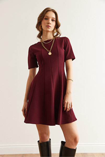 Olalook Kadın Bordo Parçalı Trend Mini Kloş Elbise ELB-19002344