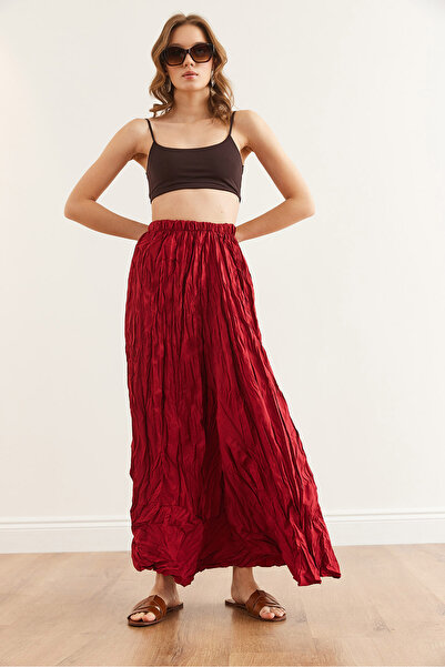 Olalook Women's Burgundy Wrinkled Maxi Woven Bell Skirt Etk- 19000300