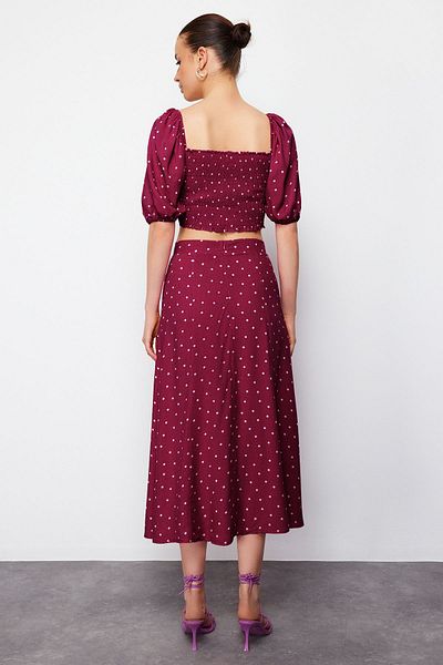 Trendyol Collection Pflaumenfarbenes Midi-Bluse- und Rock-Set – Schlitzdetail, gepunktete Viskose, gewebt TWOSS20AU0097