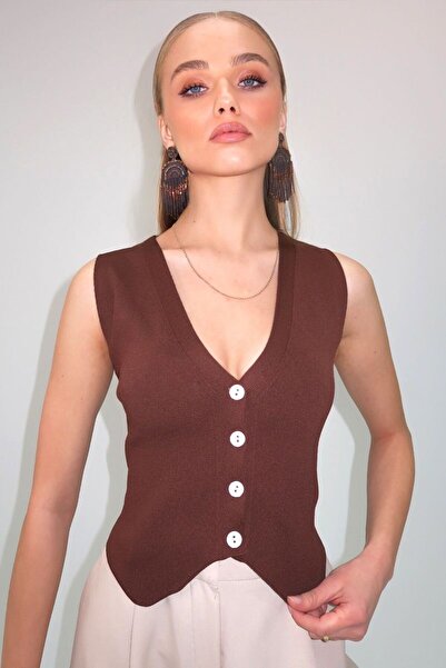 Trend Alaçatı Stili Women's Brown V-Neck Buttoned Summer Knitwear Vest Alc-X10402
