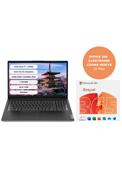 LENOVO V15 Ci7 1355U 16GB 1TB SSD Freedos 15.6'' FHD 83A100HXTR + Office365 E...